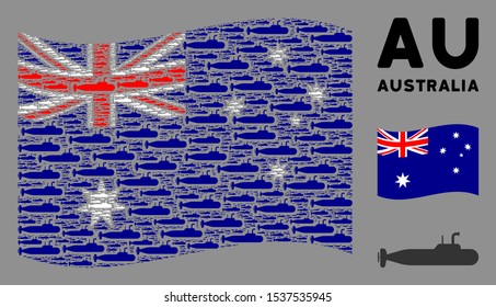 Waving Australia official flag. Vector military submarine pictograms are organized into conceptual Australia flag collage. Patriotic concept organized of flat military submarine icons.