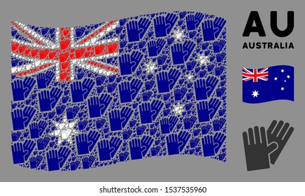 Waving Australia official flag. Vector rubber gloves elements are formed into geometric Australia flag illustration. Patriotic illustration organized of flat rubber gloves elements.