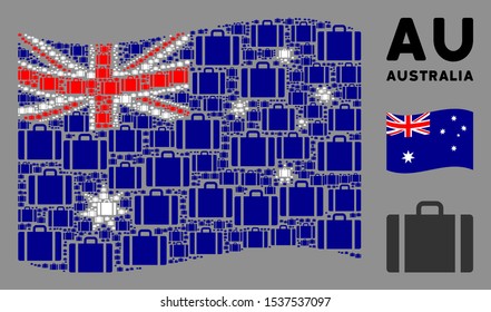 Waving Australia official flag. Vector baggage design elements are placed into geometric Australia flag composition. Patriotic collage done of flat baggage design elements.