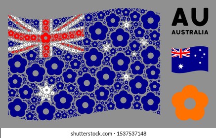 Waving Australia official flag. Vector flower elements are organized into mosaic Australia flag illustration. Patriotic illustration constructed of flat flower elements.