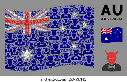 Waving Australia official flag. Vector devil design elements are scattered into conceptual Australia flag collage. Patriotic collage organized of flat devil design elements.