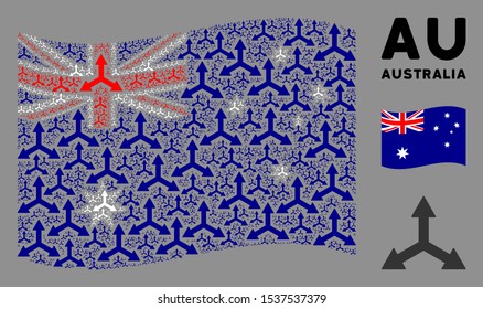 Waving Australia official flag. Vector triple arrows design elements are united into geometric Australia flag collage. Patriotic composition composed of flat triple arrows elements.