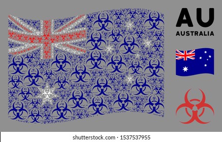 Waving Australia official flag. Vector biohazard elements are organized into mosaic Australia flag illustration. Patriotic composition composed of flat biohazard elements.