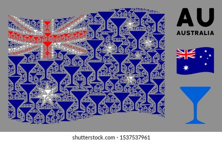 Waving Australia official flag. Vector alcohol glass icons are scattered into conceptual Australia flag abstraction. Patriotic composition designed of flat alcohol glass icons.