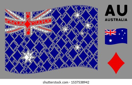 Waving Australia official flag. Vector diamonds suit elements are scattered into mosaic Australia flag abstraction. Patriotic illustration designed of flat diamonds suit elements.