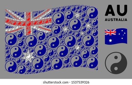 Waving Australia official flag. Vector yin yang design elements are united into geometric Australia flag illustration. Patriotic illustration organized of flat yin yang elements.