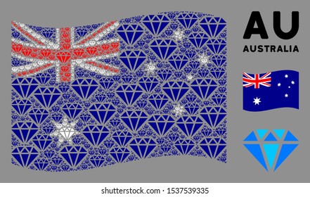 Waving Australia official flag. Vector diamond design elements are scattered into mosaic Australia flag collage. Patriotic illustration done of flat diamond design elements.