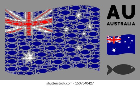 Waving Australia official flag. Vector fish items are placed into geometric Australia flag illustration. Patriotic illustration constructed of flat fish design elements.