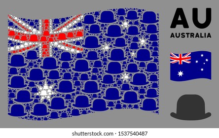 Waving Australia official flag. Vector gentleman hat design elements are organized into geometric Australia flag collage. Patriotic illustration organized of flat gentleman hat elements.