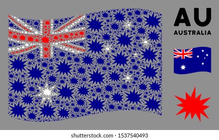 Waving Australia official flag. Vector bang elements are placed into conceptual Australia flag composition. Patriotic composition organized of flat bang elements.