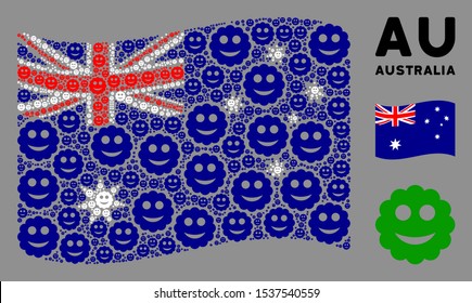 Waving Australia official flag. Vector smiled sticker design elements are placed into geometric Australia flag composition. Patriotic composition composed of flat smiled sticker design elements.
