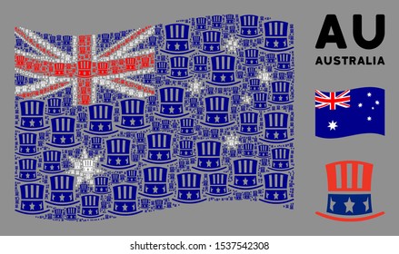 Waving Australia official flag. Vector Uncle Sam hat design elements are combined into mosaic Australia flag abstraction. Patriotic illustration combined of flat Uncle Sam hat design elements.