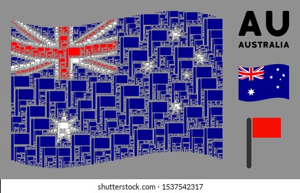 Waving Australia official flag. Vector flag design elements are united into mosaic Australia flag composition. Patriotic illustration created of flat flag elements.