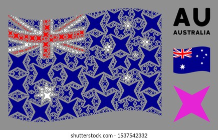 Waving Australia official flag. Vector sparkle star pictograms are united into conceptual Australia flag illustration. Patriotic illustration designed of flat sparkle star pictograms.