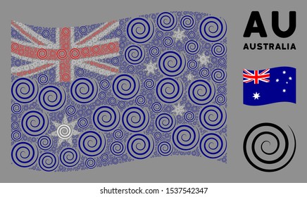 Waving Australia official flag. Vector whirl pictograms are organized into conceptual Australia flag composition. Patriotic illustration organized of flat whirl pictograms.