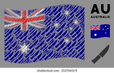 Waving Australia official flag. Vector kitchen knife pictograms are formed into geometric Australia flag illustration. Patriotic concept combined of flat kitchen knife pictograms.