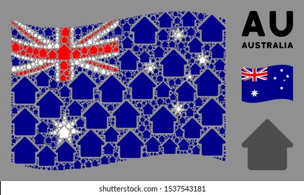 Waving Australia official flag. Vector cabin pictograms are formed into geometric Australia flag illustration. Patriotic illustration constructed of flat cabin pictograms.