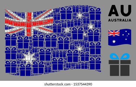 Waving Australia official flag. Vector present pictograms are formed into geometric Australia flag abstraction. Patriotic collage constructed of flat present pictograms.