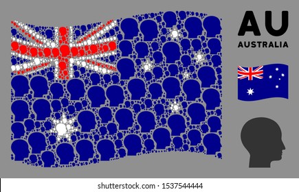 Waving Australia official flag. Vector human head design elements are combined into conceptual Australia flag collage. Patriotic concept composed of flat human head design elements.