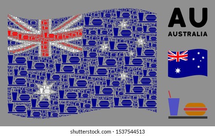 Waving Australia official flag. Vector fastfood design elements are united into conceptual Australia flag collage. Patriotic collage organized of flat fastfood elements.