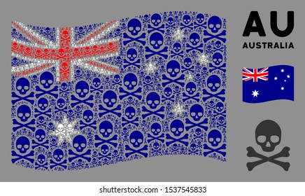 Waving Australia official flag. Vector death skull design elements are combined into conceptual Australia flag composition. Patriotic concept created of flat death skull design elements.