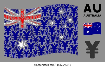 Waving Australia official flag. Vector yen elements are placed into geometric Australia flag illustration. Patriotic illustration constructed of flat yen design elements.