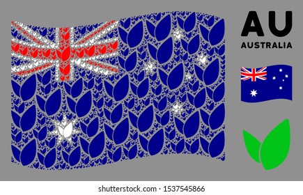 Waving Australia official flag. Vector floral sprout design elements are placed into geometric Australia flag illustration. Patriotic illustration organized of flat floral sprout elements.