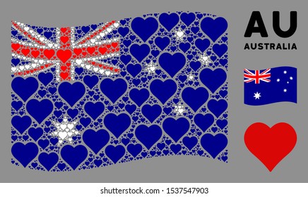 Waving Australia official flag. Vector valentine heart icons are united into conceptual Australia flag composition. Patriotic composition composed of flat valentine heart icons.
