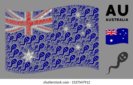 Waving Australia official flag. Vector happy spermatozoon design elements are combined into mosaic Australia flag collage. Patriotic composition constructed of flat happy spermatozoon design elements.