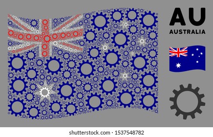 Waving Australia official flag. Vector cogwheel pictograms are organized into conceptual Australia flag composition. Patriotic composition organized of flat cogwheel icons.