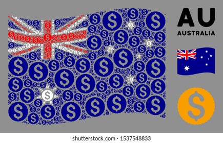 Waving Australia official flag. Vector dollar coin pictograms are united into geometric Australia flag illustration. Patriotic collage combined of flat dollar coin pictograms.