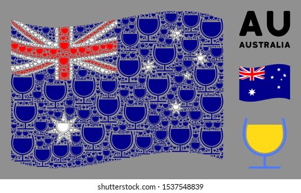 Waving Australia official flag. Vector wine glass elements are placed into mosaic Australia flag collage. Patriotic collage done of flat wine glass pictograms.
