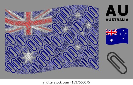 Waving Australia official flag. Vector paperclip design elements are united into geometric Australia flag collage. Patriotic concept designed of flat paperclip design elements.