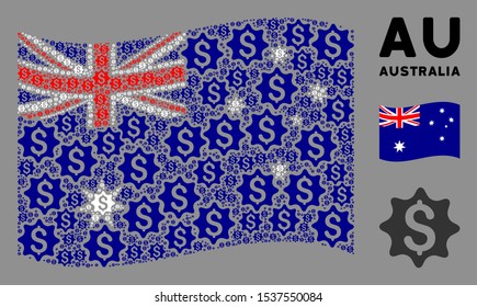 Waving Australia official flag. Vector money award design elements are arranged into geometric Australia flag abstraction. Patriotic collage done of flat money award design elements.