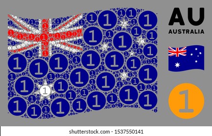 Waving Australia official flag. Vector one coin design elements are arranged into geometric Australia flag illustration. Patriotic concept done of flat one coin design elements.
