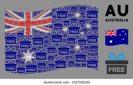 Waving Australia official flag. Vector free gift elements are placed into geometric Australia flag composition. Patriotic composition constructed of flat free gift design elements.
