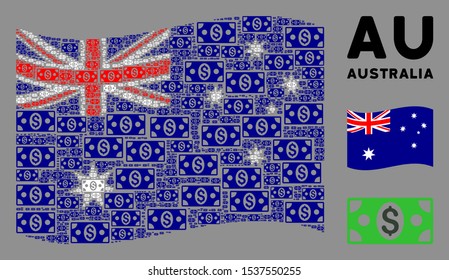 Waving Australia official flag. Vector banknote elements are formed into mosaic Australia flag illustration. Patriotic illustration constructed of flat banknote elements.