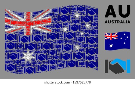 Waving Australia state flag. Vector handshake elements are organized into geometric Australia flag collage. Patriotic collage organized of flat handshake elements.