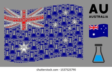 Waving Australia state flag. Vector flask design elements are placed into geometric Australia flag illustration. Patriotic concept created of flat flask design elements.