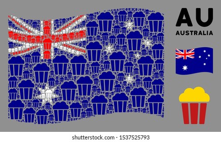 Waving Australia state flag. Vector popcorn bucket elements are combined into conceptual Australia flag collage. Patriotic collage composed of flat popcorn bucket elements.