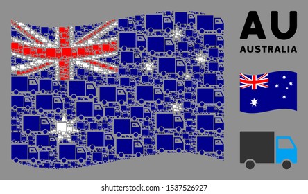 Waving Australia state flag. Vector shipment van design elements are arranged into geometric Australia flag illustration. Patriotic composition done of flat shipment van design elements.