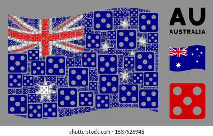 Waving Australia state flag. Vector dice design elements are grouped into conceptual Australia flag composition. Patriotic composition constructed of flat dice elements.