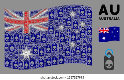 Waving Australia state flag. Vector death skull tag pictograms are united into conceptual Australia flag collage. Patriotic composition created of flat death skull tag pictograms.