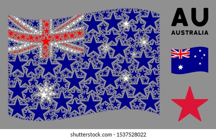 Waving Australia state flag. Vector confetti star design elements are placed into conceptual Australia flag composition. Patriotic composition created of flat confetti star design elements.