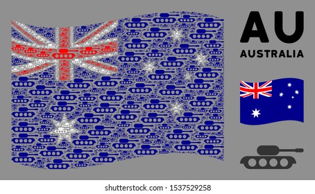 Waving Australia state flag. Vector military tank elements are formed into geometric Australia flag composition. Patriotic composition done of flat military tank design elements.