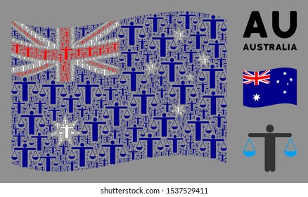 Waving Australia state flag. Vector weight comparing person elements are united into geometric Australia flag illustration. Patriotic concept combined of flat weight comparing person elements.