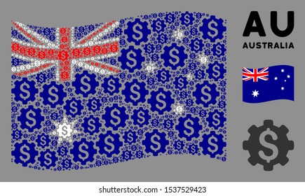 Waving Australia state flag. Vector industrial capital icons are combined into geometric Australia flag illustration. Patriotic concept combined of flat industrial capital elements.