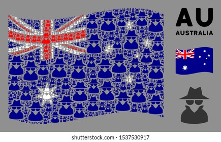 Waving Australia state flag. Vector spy design elements are arranged into conceptual Australia flag collage. Patriotic composition combined of flat spy design elements.