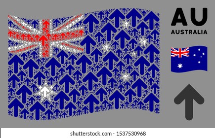 Waving Australia state flag. Vector arrow direction design elements are united into geometric Australia flag collage. Patriotic illustration combined of flat arrow direction design elements.