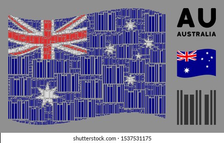Waving Australia state flag. Vector barcode design elements are scattered into mosaic Australia flag collage. Patriotic collage done of flat barcode elements.